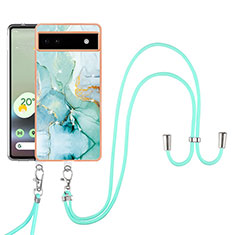 Silicone Candy Rubber Gel Fashionable Pattern Soft Case Cover with Lanyard Strap Y05B for Google Pixel 6a 5G Green