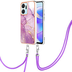 Silicone Candy Rubber Gel Fashionable Pattern Soft Case Cover with Lanyard Strap Y05B for Huawei Honor X7a Clove Purple