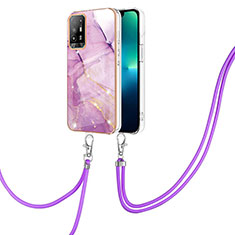 Silicone Candy Rubber Gel Fashionable Pattern Soft Case Cover with Lanyard Strap Y05B for Oppo A95 5G Clove Purple