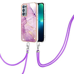 Silicone Candy Rubber Gel Fashionable Pattern Soft Case Cover with Lanyard Strap Y05B for Oppo Reno6 Pro 5G Clove Purple