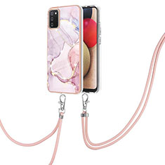 Silicone Candy Rubber Gel Fashionable Pattern Soft Case Cover with Lanyard Strap Y05B for Samsung Galaxy A02s Pink