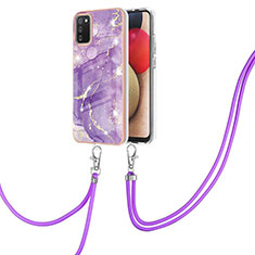 Silicone Candy Rubber Gel Fashionable Pattern Soft Case Cover with Lanyard Strap Y05B for Samsung Galaxy A02s Purple