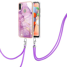 Silicone Candy Rubber Gel Fashionable Pattern Soft Case Cover with Lanyard Strap Y05B for Samsung Galaxy A11 Clove Purple
