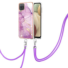 Silicone Candy Rubber Gel Fashionable Pattern Soft Case Cover with Lanyard Strap Y05B for Samsung Galaxy A12 Clove Purple