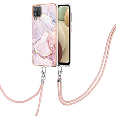 Silicone Candy Rubber Gel Fashionable Pattern Soft Case Cover with Lanyard Strap Y05B for Samsung Galaxy A12 Pink