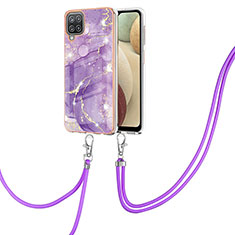Silicone Candy Rubber Gel Fashionable Pattern Soft Case Cover with Lanyard Strap Y05B for Samsung Galaxy A12 Purple