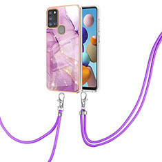 Silicone Candy Rubber Gel Fashionable Pattern Soft Case Cover with Lanyard Strap Y05B for Samsung Galaxy A21s Clove Purple