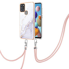 Silicone Candy Rubber Gel Fashionable Pattern Soft Case Cover with Lanyard Strap Y05B for Samsung Galaxy A21s White