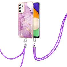 Silicone Candy Rubber Gel Fashionable Pattern Soft Case Cover with Lanyard Strap Y05B for Samsung Galaxy A52 5G Clove Purple