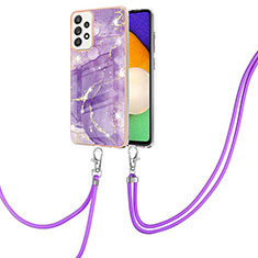 Silicone Candy Rubber Gel Fashionable Pattern Soft Case Cover with Lanyard Strap Y05B for Samsung Galaxy A52 5G Purple