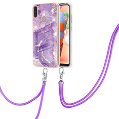 Silicone Candy Rubber Gel Fashionable Pattern Soft Case Cover with Lanyard Strap Y05B for Samsung Galaxy M11 Purple