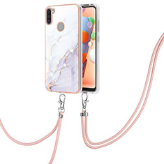 Silicone Candy Rubber Gel Fashionable Pattern Soft Case Cover with Lanyard Strap Y05B for Samsung Galaxy M11 White