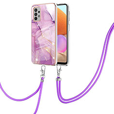 Silicone Candy Rubber Gel Fashionable Pattern Soft Case Cover with Lanyard Strap Y05B for Samsung Galaxy M32 5G Clove Purple
