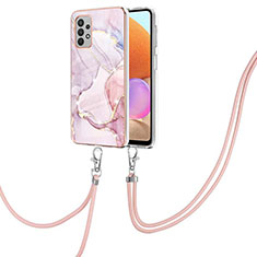 Silicone Candy Rubber Gel Fashionable Pattern Soft Case Cover with Lanyard Strap Y05B for Samsung Galaxy M32 5G Pink