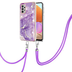 Silicone Candy Rubber Gel Fashionable Pattern Soft Case Cover with Lanyard Strap Y05B for Samsung Galaxy M32 5G Purple