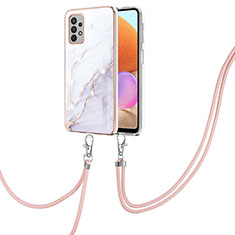 Silicone Candy Rubber Gel Fashionable Pattern Soft Case Cover with Lanyard Strap Y05B for Samsung Galaxy M32 5G White