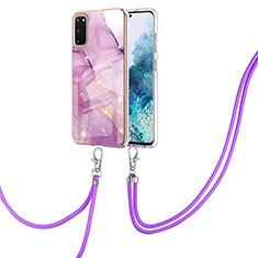 Silicone Candy Rubber Gel Fashionable Pattern Soft Case Cover with Lanyard Strap Y05B for Samsung Galaxy S20 5G Clove Purple