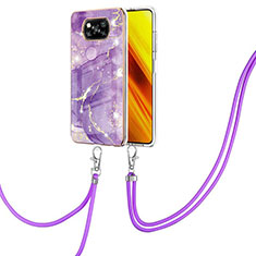 Silicone Candy Rubber Gel Fashionable Pattern Soft Case Cover with Lanyard Strap Y05B for Xiaomi Poco X3 NFC Purple