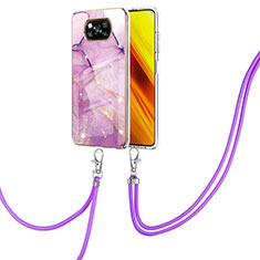 Silicone Candy Rubber Gel Fashionable Pattern Soft Case Cover with Lanyard Strap Y05B for Xiaomi Poco X3 Pro Clove Purple