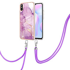 Silicone Candy Rubber Gel Fashionable Pattern Soft Case Cover with Lanyard Strap Y05B for Xiaomi Redmi 9A Clove Purple
