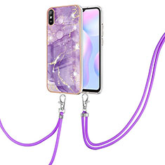Silicone Candy Rubber Gel Fashionable Pattern Soft Case Cover with Lanyard Strap Y05B for Xiaomi Redmi 9A Purple