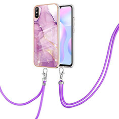 Silicone Candy Rubber Gel Fashionable Pattern Soft Case Cover with Lanyard Strap Y05B for Xiaomi Redmi 9AT Clove Purple