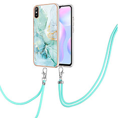 Silicone Candy Rubber Gel Fashionable Pattern Soft Case Cover with Lanyard Strap Y05B for Xiaomi Redmi 9AT Green