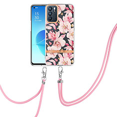 Silicone Candy Rubber Gel Fashionable Pattern Soft Case Cover with Lanyard Strap Y06B for Oppo Reno6 5G Pink