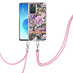 Silicone Candy Rubber Gel Fashionable Pattern Soft Case Cover with Lanyard Strap Y06B for Oppo Reno6 5G Purple