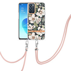 Silicone Candy Rubber Gel Fashionable Pattern Soft Case Cover with Lanyard Strap Y06B for Oppo Reno6 5G White