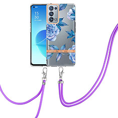 Silicone Candy Rubber Gel Fashionable Pattern Soft Case Cover with Lanyard Strap Y06B for Oppo Reno6 Pro 5G Blue