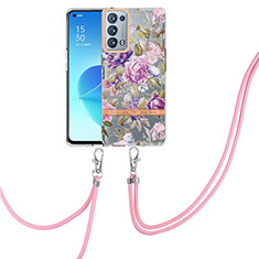 Silicone Candy Rubber Gel Fashionable Pattern Soft Case Cover with Lanyard Strap Y06B for Oppo Reno6 Pro 5G Clove Purple