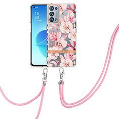 Silicone Candy Rubber Gel Fashionable Pattern Soft Case Cover with Lanyard Strap Y06B for Oppo Reno6 Pro 5G Pink