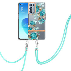 Silicone Candy Rubber Gel Fashionable Pattern Soft Case Cover with Lanyard Strap Y06B for Oppo Reno6 Pro+ Plus 5G Cyan
