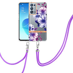 Silicone Candy Rubber Gel Fashionable Pattern Soft Case Cover with Lanyard Strap Y06B for Oppo Reno6 Pro+ Plus 5G Purple