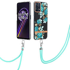 Silicone Candy Rubber Gel Fashionable Pattern Soft Case Cover with Lanyard Strap Y06B for Realme 9 5G Cyan