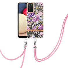 Silicone Candy Rubber Gel Fashionable Pattern Soft Case Cover with Lanyard Strap Y06B for Samsung Galaxy A02s Clove Purple