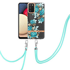 Silicone Candy Rubber Gel Fashionable Pattern Soft Case Cover with Lanyard Strap Y06B for Samsung Galaxy A02s Cyan