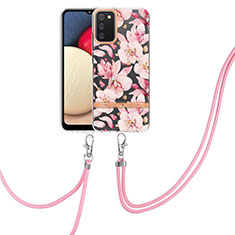 Silicone Candy Rubber Gel Fashionable Pattern Soft Case Cover with Lanyard Strap Y06B for Samsung Galaxy A02s Pink