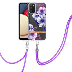 Silicone Candy Rubber Gel Fashionable Pattern Soft Case Cover with Lanyard Strap Y06B for Samsung Galaxy A02s Purple