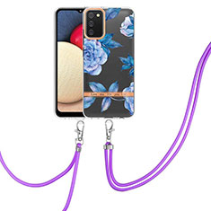Silicone Candy Rubber Gel Fashionable Pattern Soft Case Cover with Lanyard Strap Y06B for Samsung Galaxy A03s Blue
