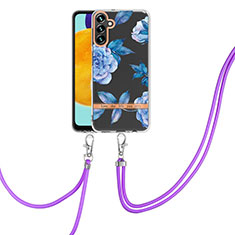 Silicone Candy Rubber Gel Fashionable Pattern Soft Case Cover with Lanyard Strap Y06B for Samsung Galaxy A04s Blue