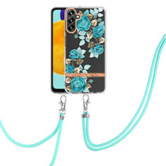 Silicone Candy Rubber Gel Fashionable Pattern Soft Case Cover with Lanyard Strap Y06B for Samsung Galaxy A04s Cyan
