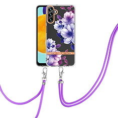 Silicone Candy Rubber Gel Fashionable Pattern Soft Case Cover with Lanyard Strap Y06B for Samsung Galaxy A04s Purple