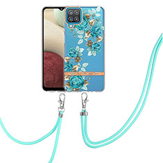 Silicone Candy Rubber Gel Fashionable Pattern Soft Case Cover with Lanyard Strap Y06B for Samsung Galaxy A12 5G Cyan