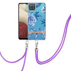 Silicone Candy Rubber Gel Fashionable Pattern Soft Case Cover with Lanyard Strap Y06B for Samsung Galaxy A12 Blue