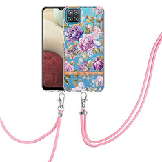Silicone Candy Rubber Gel Fashionable Pattern Soft Case Cover with Lanyard Strap Y06B for Samsung Galaxy A12 Clove Purple