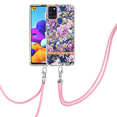 Silicone Candy Rubber Gel Fashionable Pattern Soft Case Cover with Lanyard Strap Y06B for Samsung Galaxy A21s Clove Purple