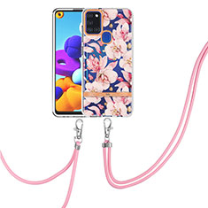 Silicone Candy Rubber Gel Fashionable Pattern Soft Case Cover with Lanyard Strap Y06B for Samsung Galaxy A21s Pink