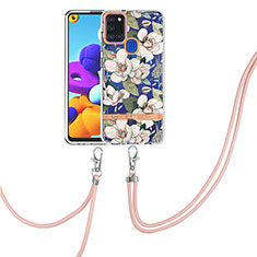 Silicone Candy Rubber Gel Fashionable Pattern Soft Case Cover with Lanyard Strap Y06B for Samsung Galaxy A21s White